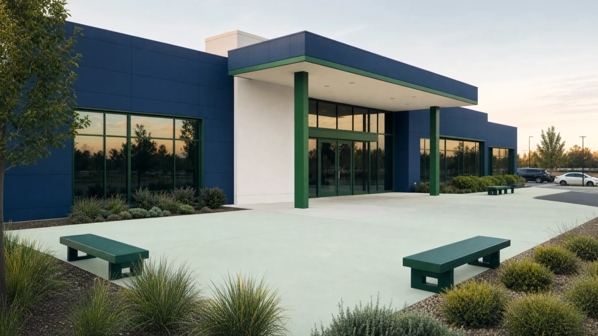 Concept rendering of a purpose-built pediatric healthcare facility with a covered entry plaza at dusk