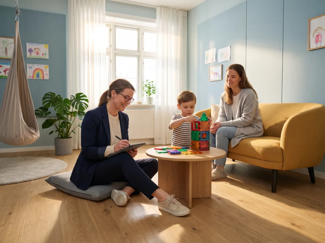 Concept interior of an ABA therapy room: a therapist taking notes while a child builds with magnetic tiles and a parent watches