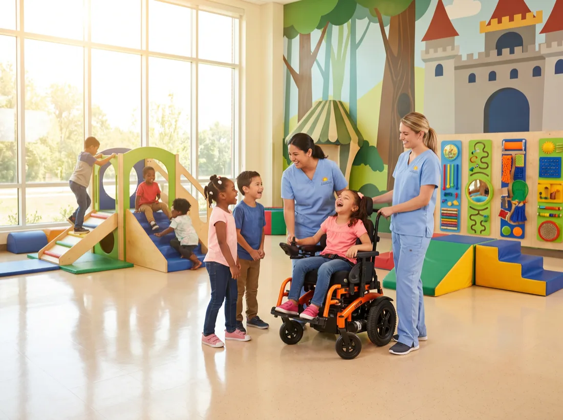 Concept interior of a PPEC day center: nurses and children together in a bright activity room with play structures and a sensory wall