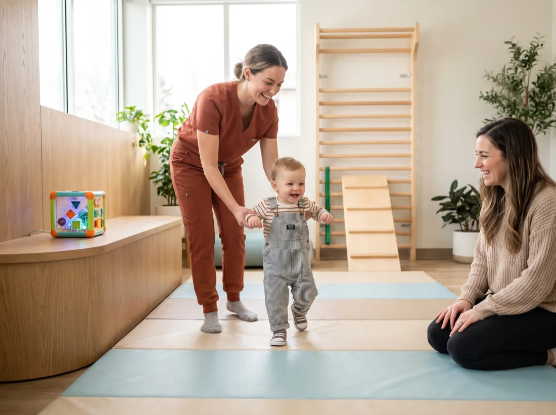 Concept interior of a pediatric therapy gym: a physical therapist steadying a toddler taking steps on padded mats